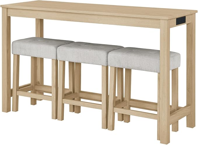4-Piece Kitchen Island Counter-Table Set with Charging Station, Industrial 59" Dining Tables with 3 Stools, 59 Inch Farmhouse Bar Table Chairs w/USB & Type-C & Power Outlets,Light Oak