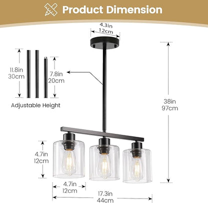 3-Light Kitchen Island Lighting, Black Pendant Light Fixture, Farmhouse Dining Room Light Fixtures Over Table, Modern Hanging Light Fixtures with Clear Glass, E26 Base, Bulbs Not Included