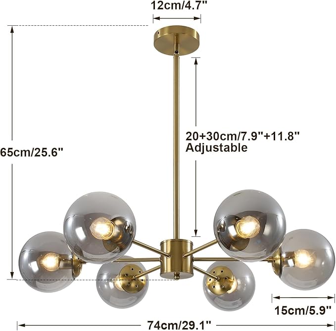 KCO Lighting Gold Globe Chandelier Smoke Bubble Glass Ball Pendant Lighting Fixture Modern 6-Light Brushed Brass Sputnik Chandelier Light Mid Century Hanging Ceiling Lamp for Living Room