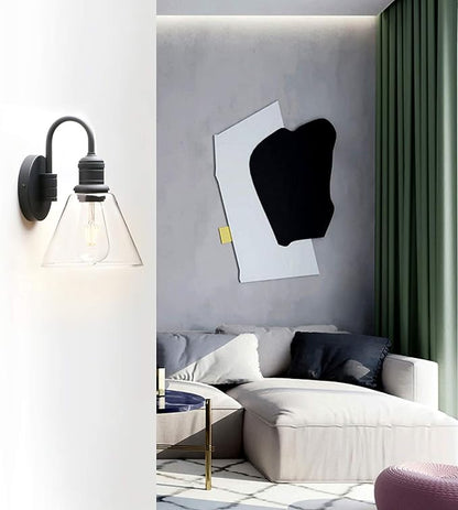 Yosoan 1-Light Vintage Industrial Fixture Light, Funnel Flared Clear Glass Shade with Elegant Gooseneck Curved Rod Wall Sconce for Bathroom Porch Kitchen Living Room Hotel Bar Foyer(Black)