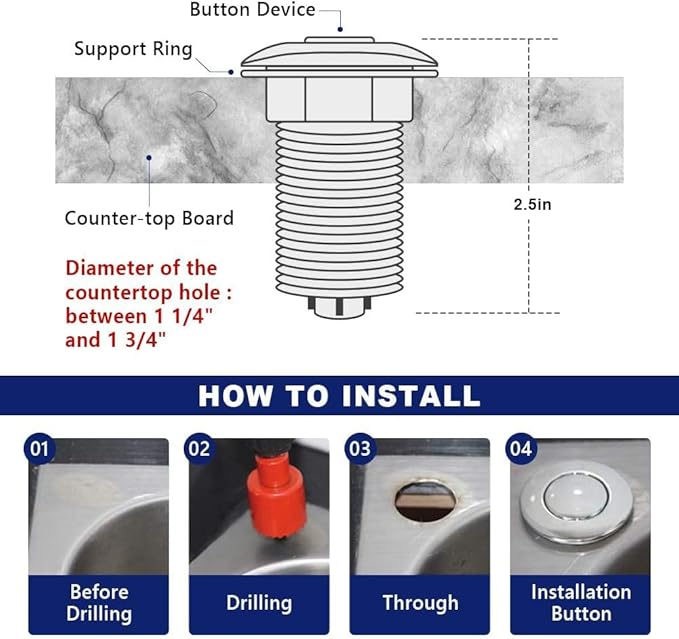 Garbage Disposal Switch, Cordless Air On Off Kit for Food Waste Disposer, Stainless Steel Brushed Nickel, SHORT 2.5" Sink Top Push Button by CLEESINK
