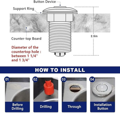 Garbage Disposal Switch, Cordless Air On Off Kit for Food Waste Disposer, Stainless Steel Brushed Nickel, SHORT 2.5" Sink Top Push Button by CLEESINK