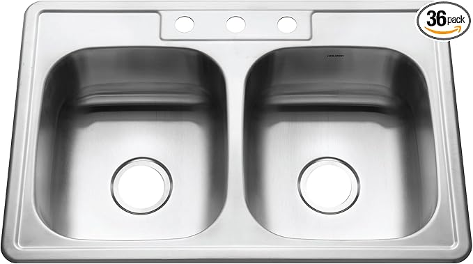Houzer Glowtone Stainless Steel Kitchen Bar & Prep Sink - 33 Inch Drop-In Topmount 3-Hole 50/50 Double Bowl Sink, Durable & Versatile, Nested 36-Pack - 3322-8BS3-36