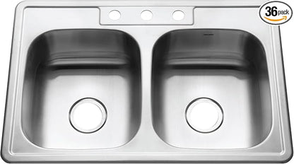 Houzer Glowtone Stainless Steel Kitchen Bar & Prep Sink - 33 Inch Drop-In Topmount 3-Hole 50/50 Double Bowl Sink, Durable & Versatile, Nested 36-Pack - 3322-8BS3-36
