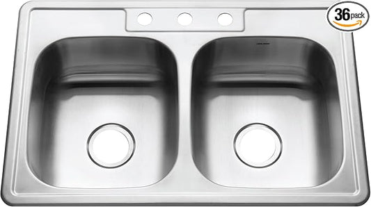 Houzer Glowtone Stainless Steel Kitchen Bar & Prep Sink - 33 Inch Drop-In Topmount 3-Hole 50/50 Double Bowl Sink, Durable & Versatile, Nested 36-Pack - 3322-8BS3-36