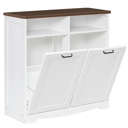 HOOBRO Double Tilt Out Trash Can Cabinet, 20 Gallon Kitchen Trash Bin Cabinet, Hidden Trash Storage with Open Compartments, Hidden Laundry Hamper, for Kitchen, Laundry, White and Walnut WH04LJ01