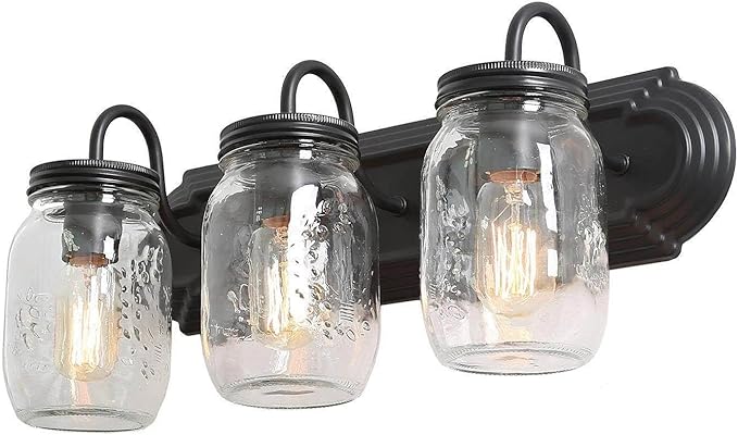 LALUZ Bathroom Vanity Light Fixtures, 3-Light Black Mason Jar Vanity Lights for Bathroom, 19'' Farmhouse Bathroom Lights Over Mirror