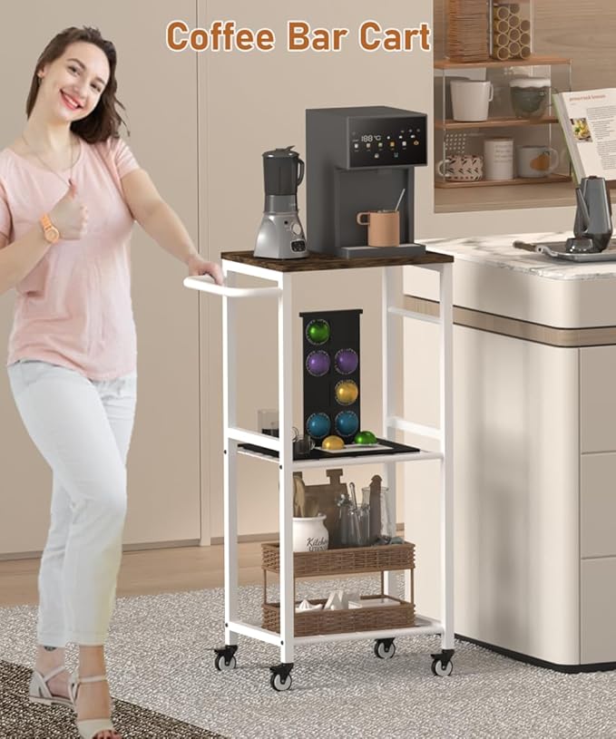 Kitchen Microwave Stand Cart with Storage Rack, 3-Tier Rolling Kitchen Side Table on Wheels with 8 Hooks, Utility Small Coffee Shelf Organizer for Living Room, Bedroom, Bathroom, Office, White