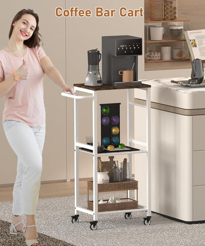 Kitchen Microwave Stand Cart with Storage Rack, 3-Tier Rolling Kitchen Side Table on Wheels with 8 Hooks, Utility Small Coffee Shelf Organizer for Living Room, Bedroom, Bathroom, Office, White