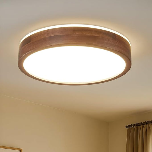 LED Ceiling Light Fixture 19.68, Handcrafted Walnut Wood Modern Wabi-Sabi Style, 42W LED 3000K-4000K-6000K, Low Profile Lamp for Bedroom Kitchen Hallway Dining