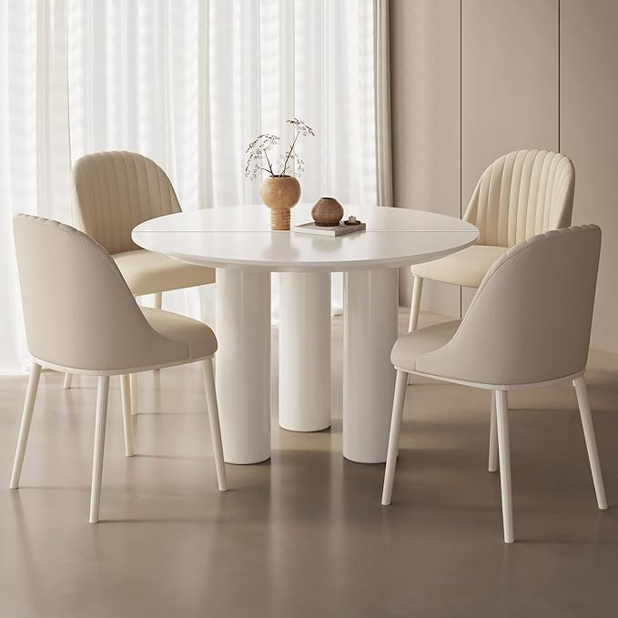 Miuuod 46in White Round Dining Table with 4 Chairs,Sturdy Kitchen Table,Large Center Coffee Table Set for 2-6 People,Leisure Round Table for Balcony Dining Room,Living Room