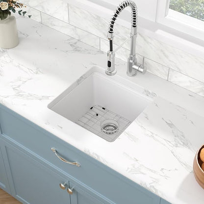 Sarlai 18 White Kitchen Sink Granite Composite - 18 x 18 inch Bar Prep Workstation Sink White Granite Composite Quartz Undermount Single Bowl Rectangular RV Camper Sinks Basin