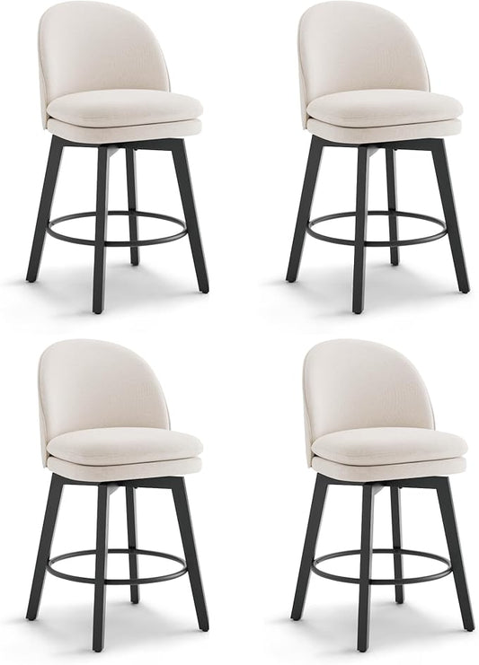 Counter Height Barstools 26 inch Upholstered Swivel Bar Stools with Back and Wood Legs for Kitchen Island,Set of 4,Beige Fabric-Armless