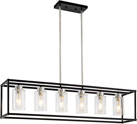 6 Lights Modern Dining Room Light Fixtures Over Table Black & Brushed Nickel Farmhouse Chandeliers Rectangular Pendent Lighting for Kitchen with Glass Shade Linear Hanging Industry Ceiling Light