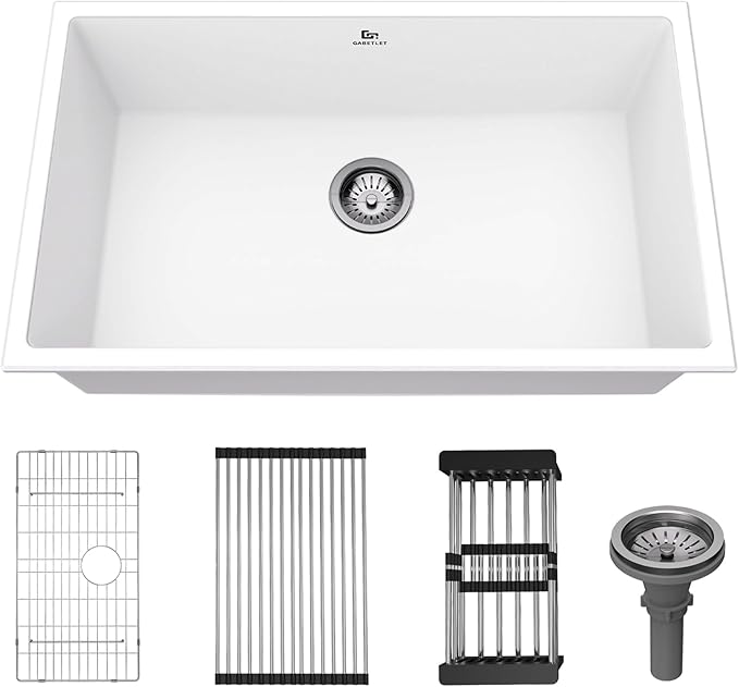 Quartz Kitchen Sink, 30 Inch White Undermount Kitchen Sinks, Deep Single Bowl Granite Composite Sink, Modern Sinks Providing Complete Accessories, Spacious Workspace and Easy Cleaning