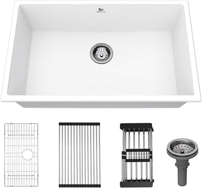 Quartz Kitchen Sink, 30 Inch White Undermount Kitchen Sinks, Deep Single Bowl Granite Composite Sink, Modern Sinks Providing Complete Accessories, Spacious Workspace and Easy Cleaning
