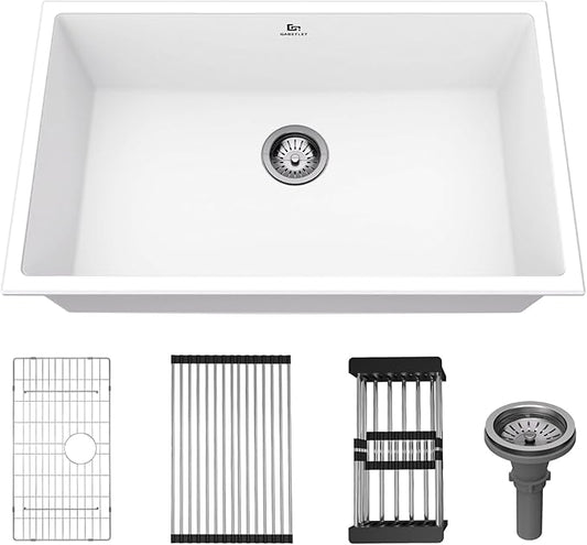 Quartz Kitchen Sink, 30 Inch White Undermount Kitchen Sinks, Deep Single Bowl Granite Composite Sink, Modern Sinks Providing Complete Accessories, Spacious Workspace and Easy Cleaning