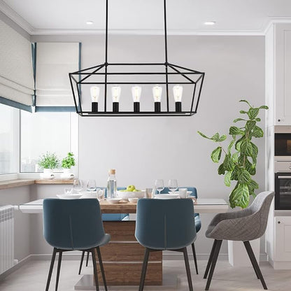 VINLUZ Farmhouse Kitchen Island Lighting,5 Light Industrial Linear Chandelier for Dining Room Metal Matte Black Finish Hanging Pendant Light Fixture for Bedroom Living Room Hallway