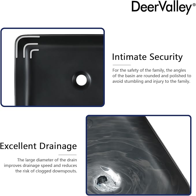 DeerValley Ally 19x15 Inch Matte Black Rectangular Vessel Sink, Above Counter Ceramic Bathroom Basin, DV-2V031