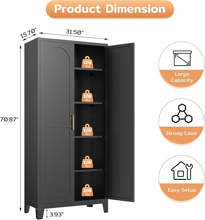 Zevemomo 70.87" H Metal Kitchen Pantry Cabinet, Freestanding Cupboard with 2 Doors and 4 Adjustable Shelves, Tall Metal Storage Cabinet for Kitchen, Bathroom, Dinning Room or Laundry Room （Black）