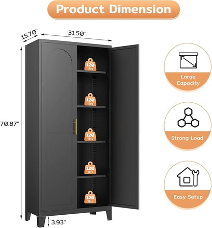Zevemomo 70.87" H Metal Kitchen Pantry Cabinet, Freestanding Cupboard with 2 Doors and 4 Adjustable Shelves, Tall Metal Storage Cabinet for Kitchen, Bathroom, Dinning Room or Laundry Room （Black）