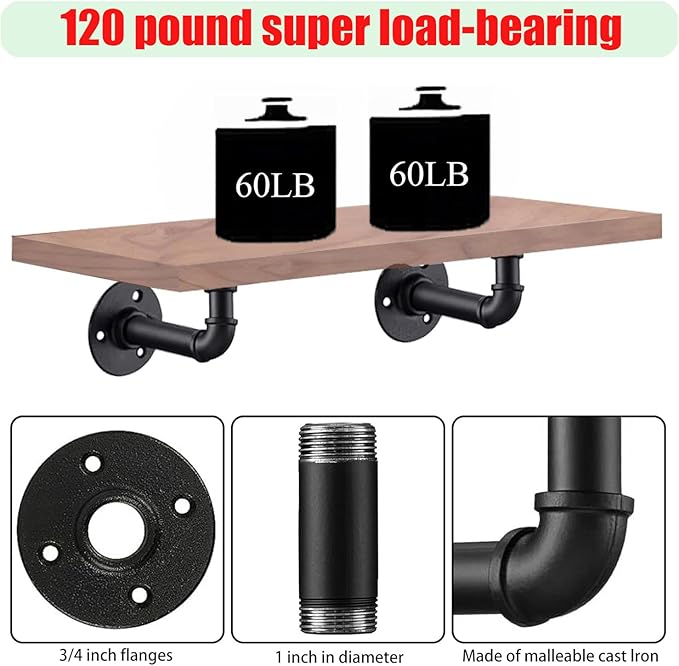 Industrial L Pipe Shelf Brackets for 7-14 in Depth Wood,Heavy-Duty 3/4" Iron,Wall Mount Floating Shelf Bracket L Metal Pipe Shelving Brackets for Wood-Black DIY Pipe Shelves(6.7*3.1 Inch 6 Pack)