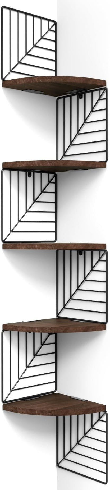 Love-KANKEI Corner Shelf Wall Mount of 5 Tier, Rustic Wood Floating Shelves Wall Shelves for Bedroom Living Room Bathroom Kitchen Office and More Dark Walnut