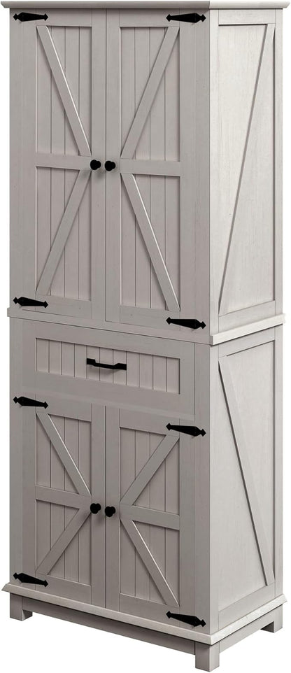 DWVO 72" Tall Farmhouse Pantry Cabinet, Kitchen Storage Pantry with Barn Doors & Drawer, Versatile Organizer with Adjustable Shelves, Rustic Cupboard for Dining Room, Living Room, White Oak