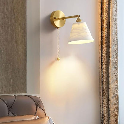 Vintage Wall Light Fixture Ceramic Wall Sconces Light with Pull Chain Switch Gold Brass Finish Mid-Century Modern Sconce Wall Lighting for Bedroom Living Room Farmhouse