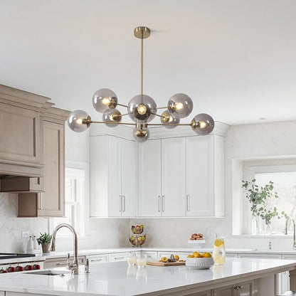 KCO Lighting 8 Light Sputnik Chandelier Gold Smoke Glass Globe Pendant Light Modern Mid Century Brushed Brass Ceiling Lighting Fixture for Living Room Foyer Hall Entryway