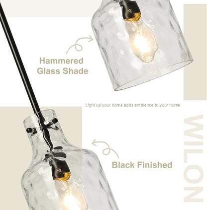 WILON Industrial Glass Pendant Lights for Kitchen Island, Modern Black Pandent Light Fixture 7" Hammered Glass Shade Farmhouse Pendant Lights Adjustable Rod Hanging Light for Kitchen Sink Dining Room