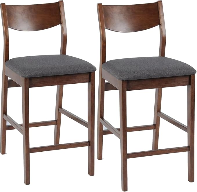 Counter Height Bar Stool Set of 2, Solid Wood Counter Height Chairs with Back, Mid-Century Upholstered Dining Chair with 24 Inches Seat Height, Kitchen, Dining Room, Brown