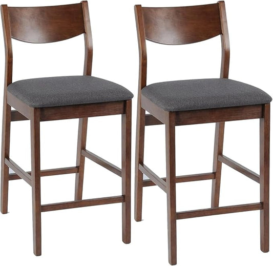 Counter Height Bar Stool Set of 2, Solid Wood Counter Height Chairs with Back, Mid-Century Upholstered Dining Chair with 24 Inches Seat Height, Kitchen, Dining Room, Brown