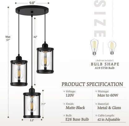 3-Light Pendant Lighting, Black Dining Room Chandelier Light Fixture Over Table with Clear Glass, Modern Cluster Hanging Lights for Kitchen Island Sink, OS-3014-3BK