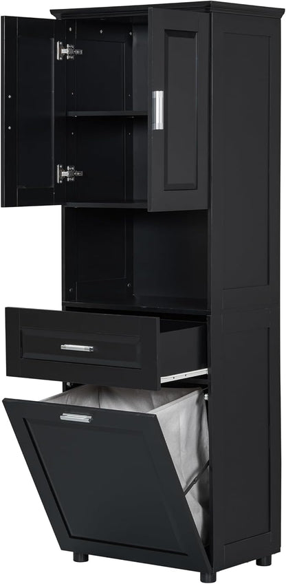 Merax 70" Tall Storage Cabinet with Laundry Hamper, 1 Drawer and Adjustable Shelf, Freestanding for Bathroom, Black