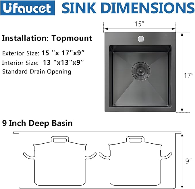 15 Inch Drop In Bar Sink, Gunmetal Black 15x17x9 Topmount Stainless Steel Single Bowl Wet Bar Prep RV Outdoor Small Kitchen Sinks 16 Guage with Drain