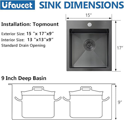15 Inch Drop In Bar Sink, Gunmetal Black 15x17x9 Topmount Stainless Steel Single Bowl Wet Bar Prep RV Outdoor Small Kitchen Sinks 16 Guage with Drain