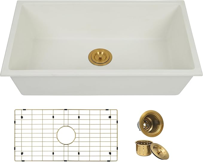 MILOSEN White Undermount Kitchen Sink, 28"x18" Granite Composite Single Bowl Kitchen Sinks, 9" Deep Large Undermount/Drop In Sink with Gold Accessories, White Quartz Kitchen Sinks for Modern Kitchen