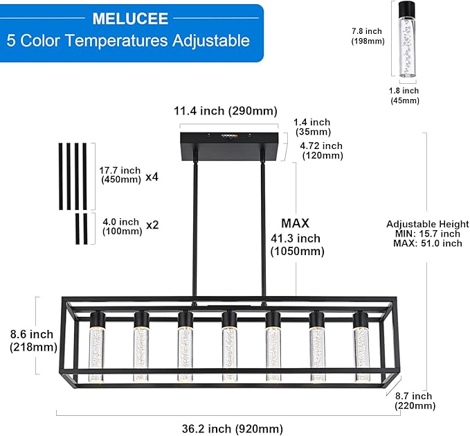 MELUCEE 7 Lights Modern Kitchen Island Lights 35W Dining Table Light Fixture with Crystal Bubble 5 Color Black Pendant Lights Kitchen Island, Integrated LED Chandelier for Dining Room Billiard Room