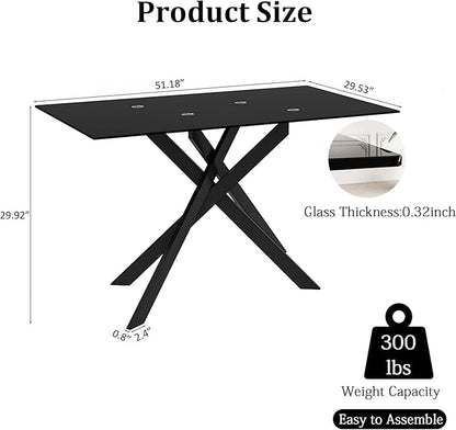 51inch Modern Dining Table for 4, Glass Kitchen Dining Room Table for 4, 0.32" Tempered Glass Tabletop and Black Metal Legs,Rectangle Black Glass Tables for Kitchen, Dining Room