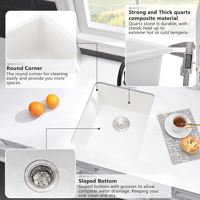 White Bar Sink Undermount-VASOYO 15x17 Small Kitchen Sink Undermount Wet Bar Sinks White Quartz Composite Deep Single Bowl Outdoor Rv Sinks with Bottom Grid