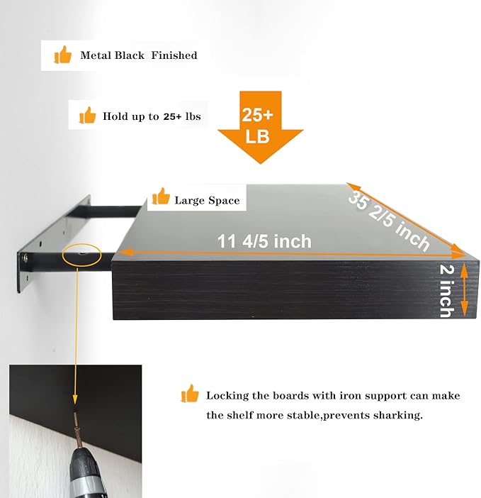 36 Inches Length Floating Shelves, Wall Shelf Set of 2, 12 inches Deep Hanging Shelf with Invisible Brackets, for Bathroom, Bedroom, Toilet, Kitchen, Office, Living Room Decor, Espresso Shelf