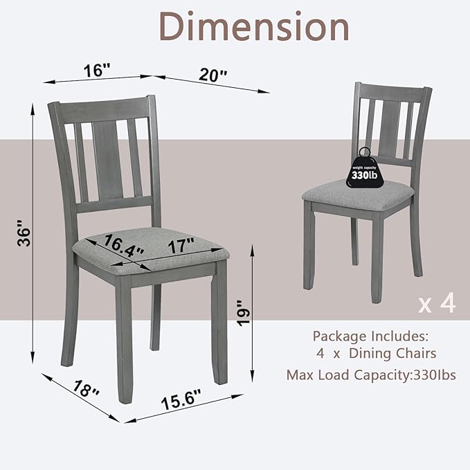 Ball & Cast Wooden Dining Chairs Set of 4, Elegant Wood Kitchen-Chairs with Padded Seat, 4 Pack Dining Room Chair-Seating Modern Side Chairs for Dining Room & Living Room, Solid Gray