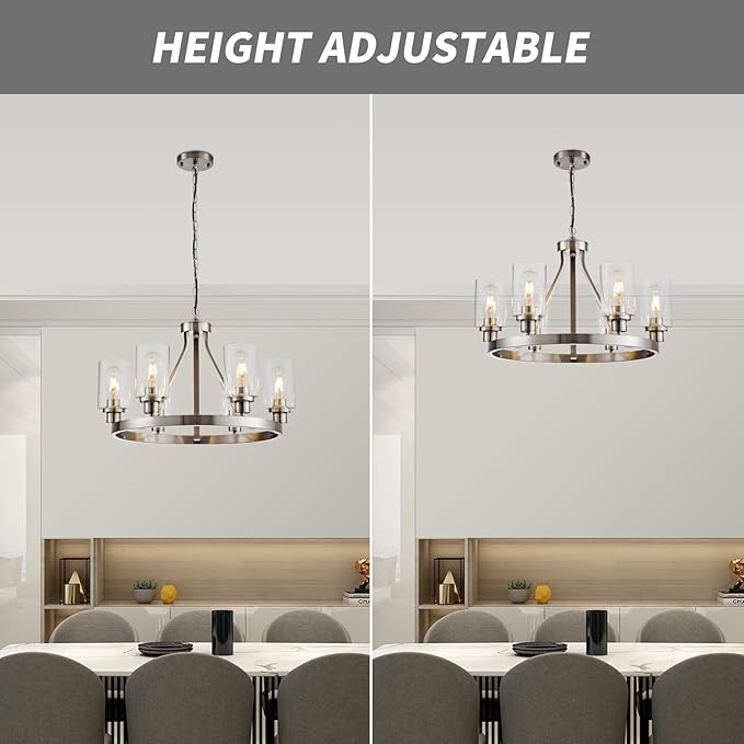 Lanhall 6-Light Modern Dining Room Light Fixture Brushed Nickel Kitchen Chandelier Ceiling Hanging Pendant Lighting with Glass Shade for Living Room Bedroom Entryway Adjustable Height Metal E26