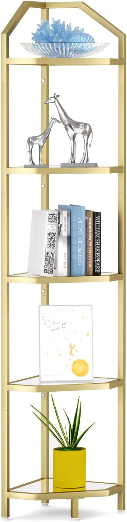 5-Tier Corner Shelf Stand, Gold Corner Bookshelf, Bathroom Storage Rack Shelf, Plant Rack, Tempered Glass, Steel Frame, Modern Style for Living Room, Bathroom, Kitchen, Metallic Gold