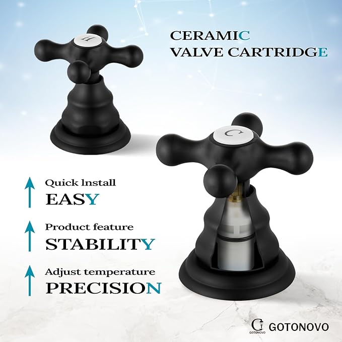 gotonovo Bathroom Faucet 3 Hole 8 Inch Widespread Bathroom Sink Faucet 2 Cross Handles Vintage Lavatory Vanity Mixer Tap with Pop Up Drain, H C Label, Matte Black