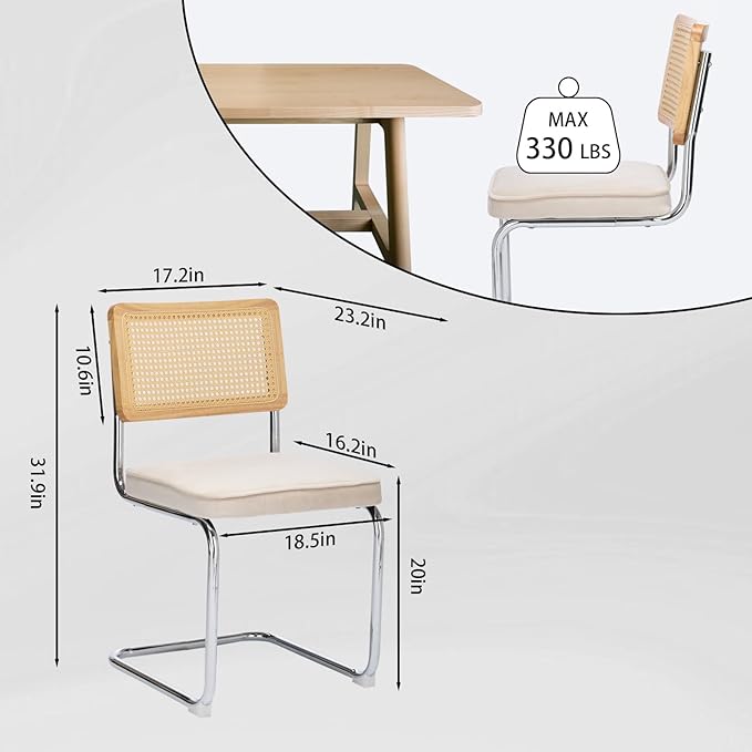 Rattan Back Velvet Dining Chair Set of 2 Modern Breuer Designed Stainless Chrome Base Armless Upholstered Dining Chair for Dining Room, Kitchen Island(Beige)