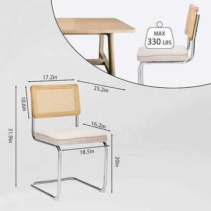 Rattan Back Velvet Dining Chair Set of 2 Modern Breuer Designed Stainless Chrome Base Armless Upholstered Dining Chair for Dining Room, Kitchen Island(Beige)