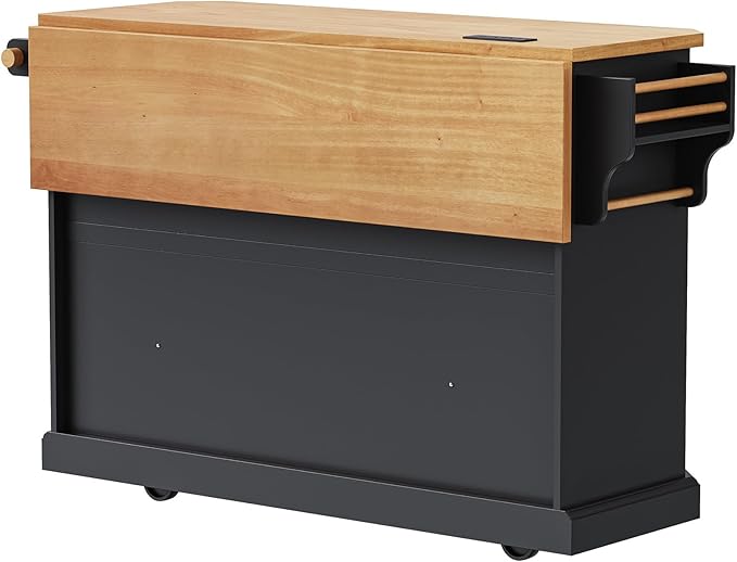 Merax Farmhouse Rolling Kitchen Island on Wheels with Drop Leaf Table & Power Outlet, Wood Kitchen Cart on Wheels with Towel Rack, 6 Drawers & Cabinet, 55" Wide Black