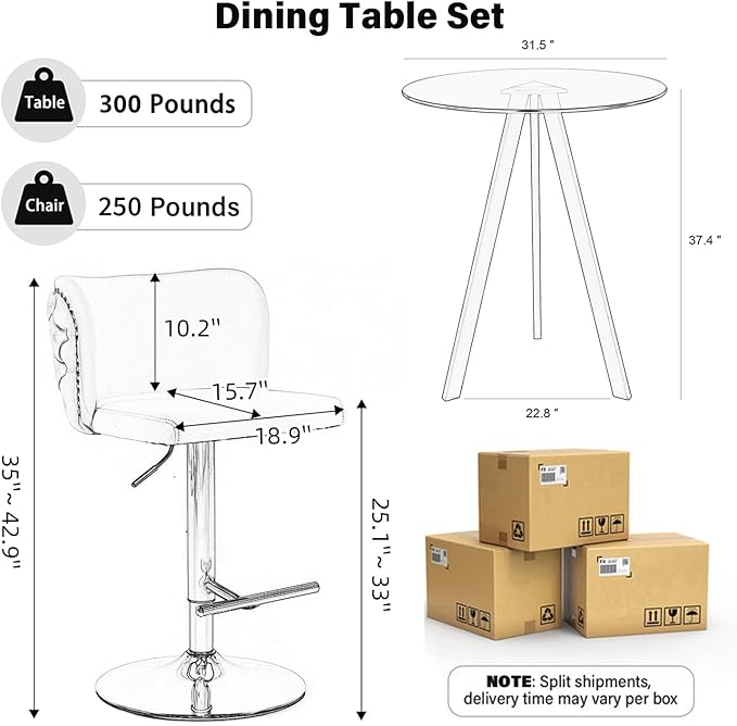 3-Piece Pub Table and Chairs, Round Bar Height Adjustable Swivel PU Leather Bar Stools Set of 2 for Kitchen Island Bistro Office Living Room Small Space Restaurant
